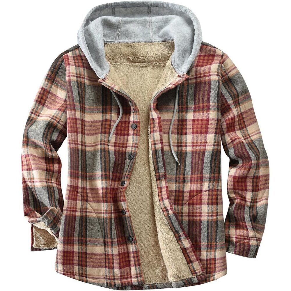 Men's Light Red Cotton Plaid Fleece Lined Flannel Shirts Button Down Jackets